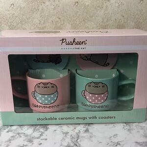 Pusheen The Cat Set of Stackable Ceramic Mugs with Coasters Gift Set